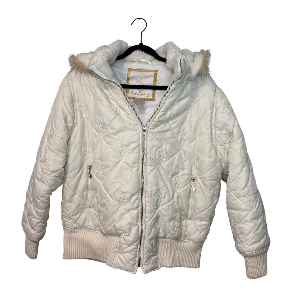 Vintage Baby Phat Quilted Puffer Jacket Off White Removable Hood Sleeves Y2K 2X